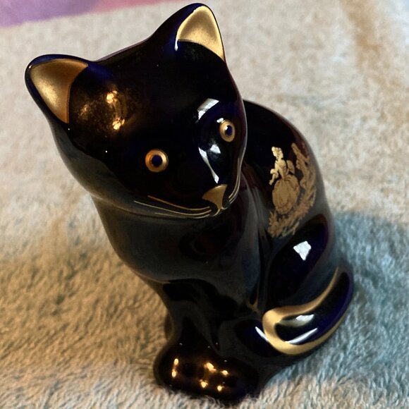 VTG Limoges Castel France Cobalt Blue Porcelain Cat/Kitten Figurine 22K Gold-NOS - Picture 10 of 10